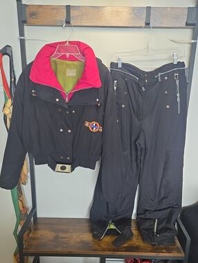 Vtg BOGNER Black Ski Jacket & Detachable Ski Pants Set with Hot Pink Collar